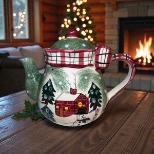 Vintage Christmas Plaid Tea Pot Ceramic With Bow